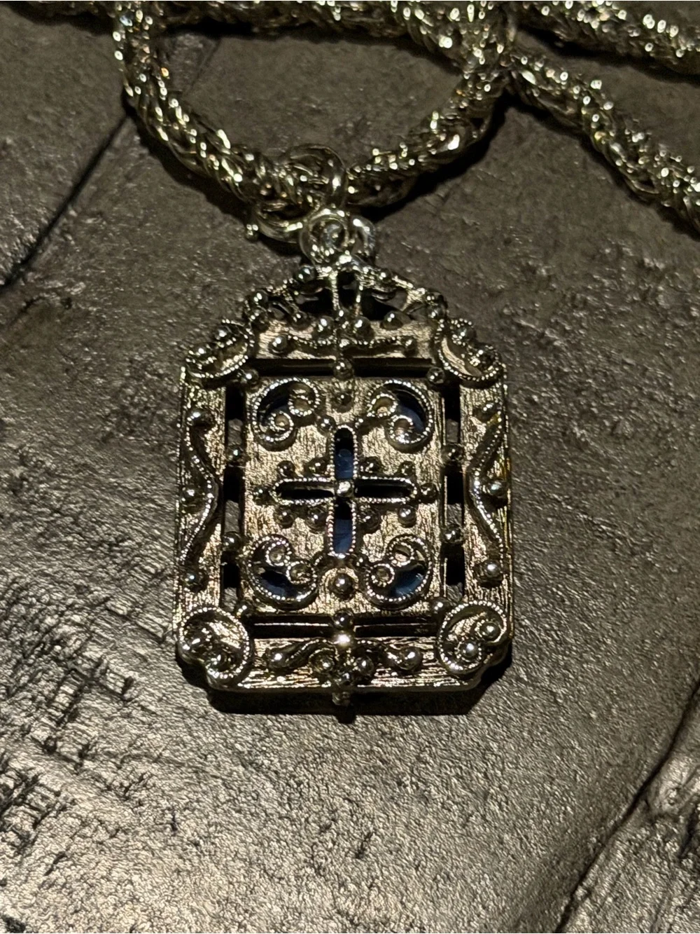 Silver-Tone Vintage Necklace with Reversible Blue Stone/Cross Pendant